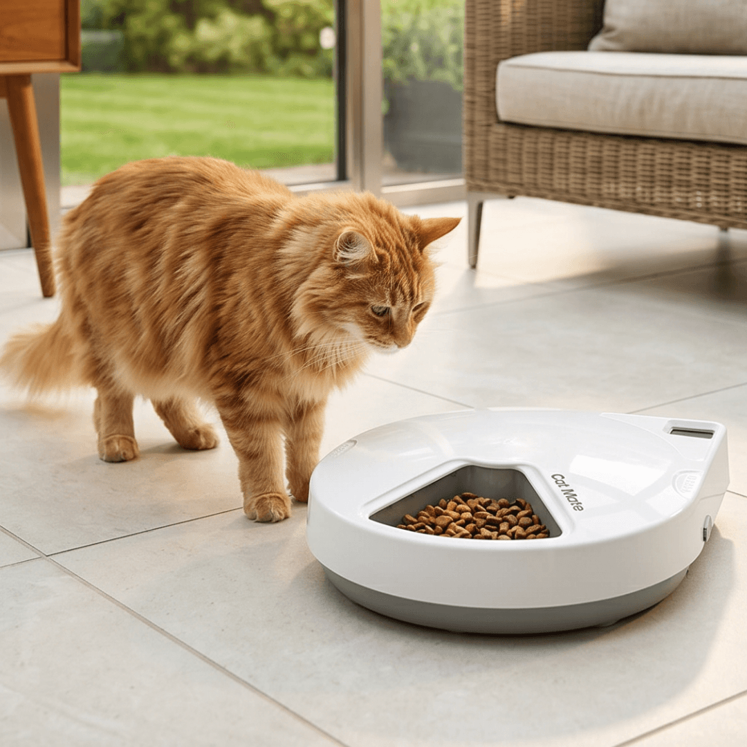 Cat Mate C500 rotating feeder beside a cat.