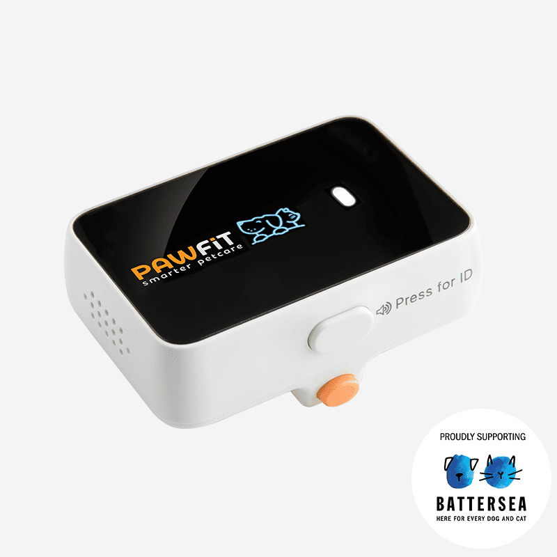 White Pawfit 3 GPS tracker with a black top and orange button.
