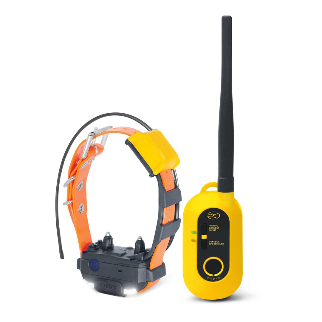 Orange PATHFINDER2 MINI collar receiver beside its yellow GPS connector.