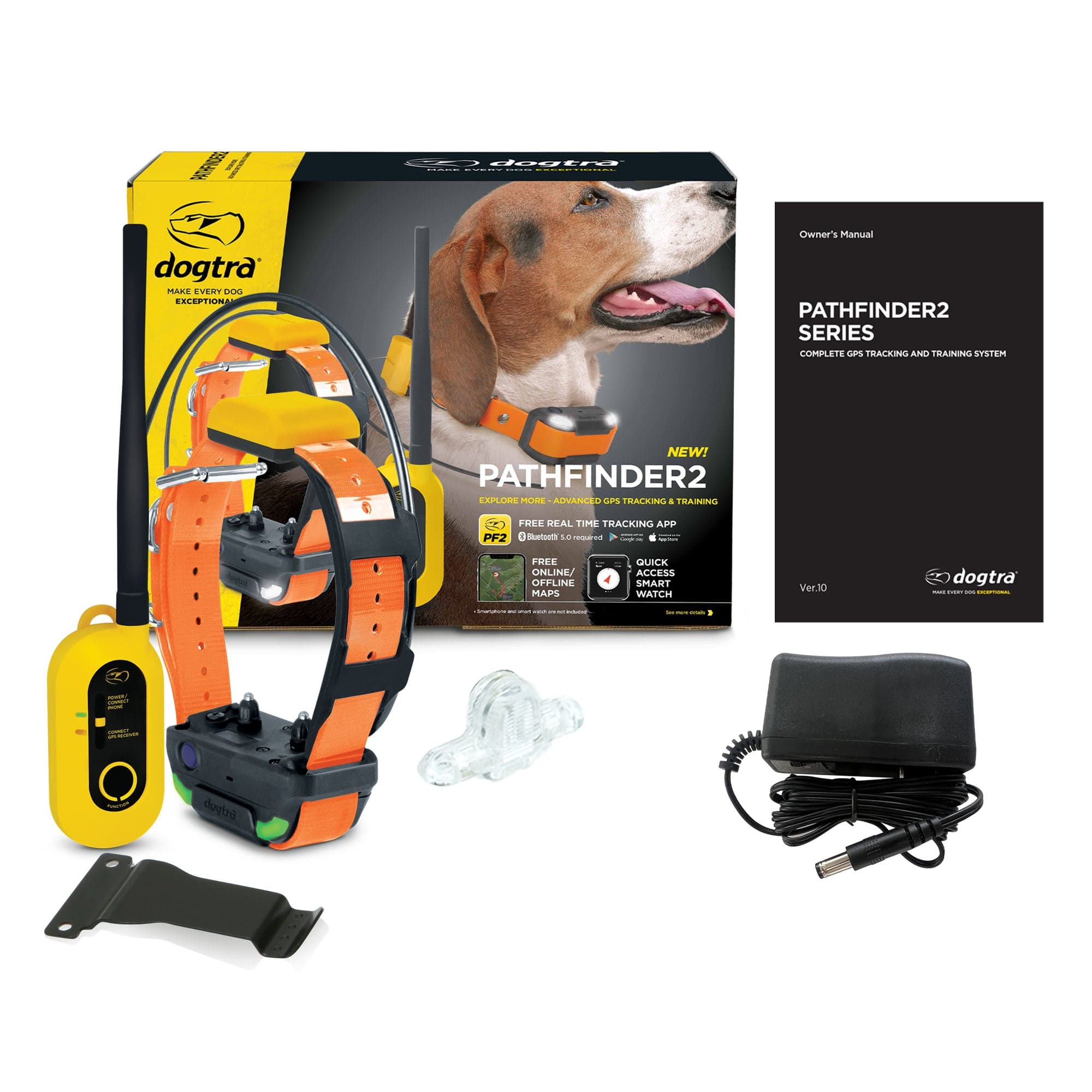 Dogtra PATHFINDER2 collar, handheld GPS connector, charger, and manual.