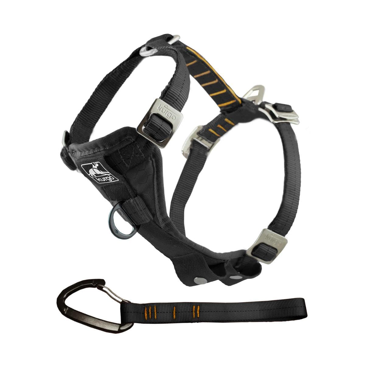 Black Kurgo Enhanced Strength Tru-Fit harness with its tether laid beside it.