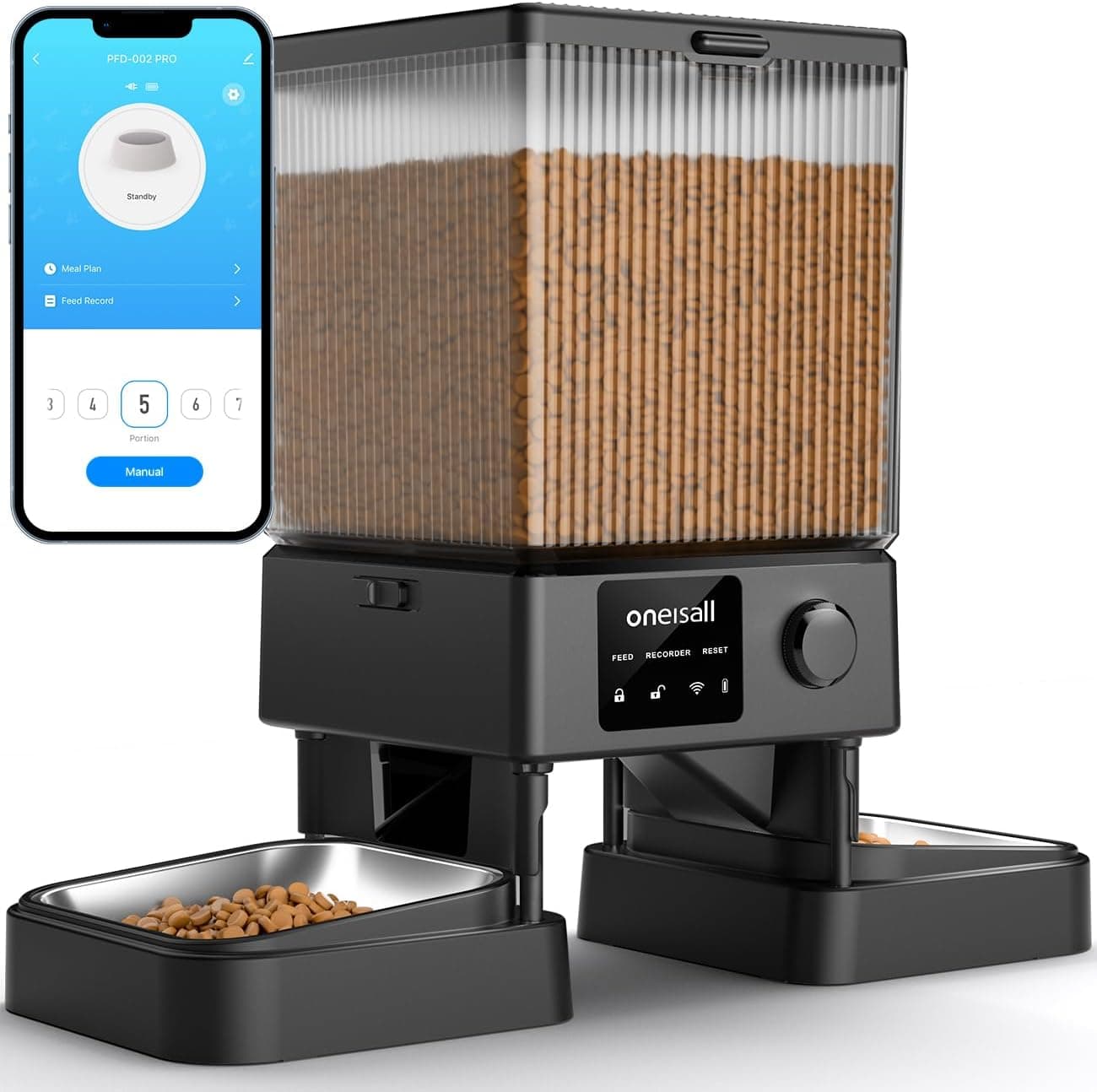 oneisall Wi-Fi feeder with two bowls and its app interface.