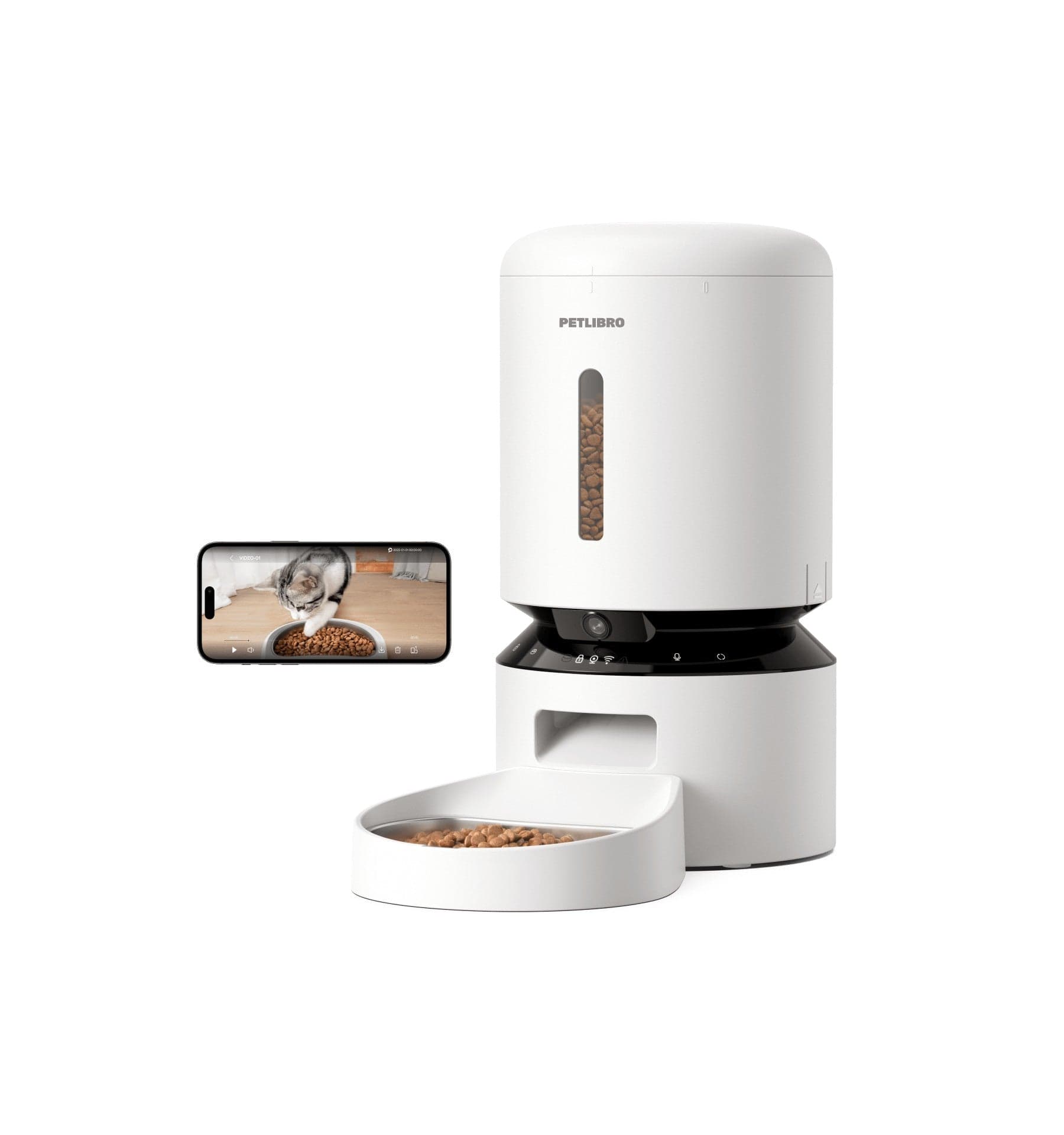 PETLIBRO Granary feeder with its built-in camera and phone display.