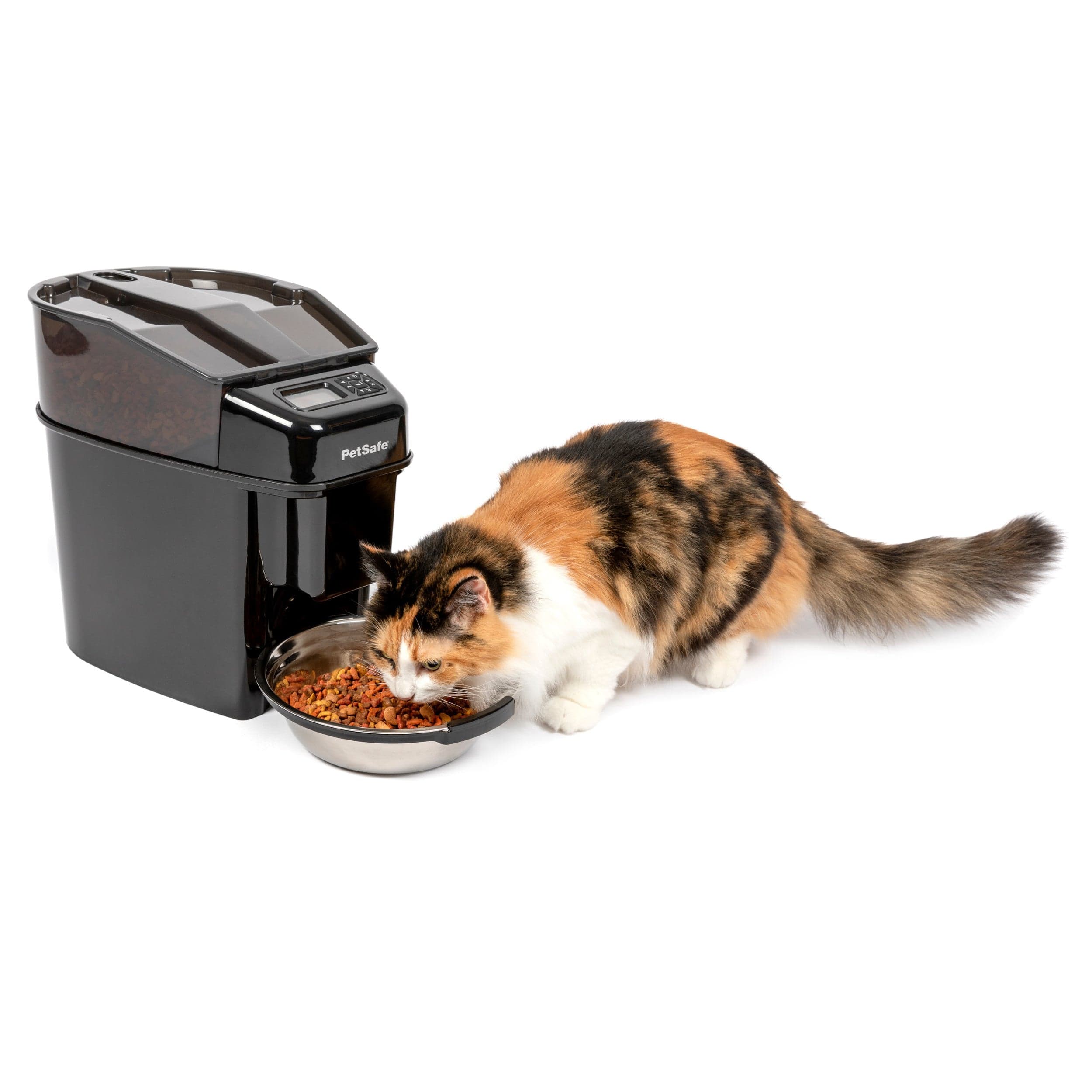PetSafe Healthy Pet Simply Feed beside a cat eating from its bowl.