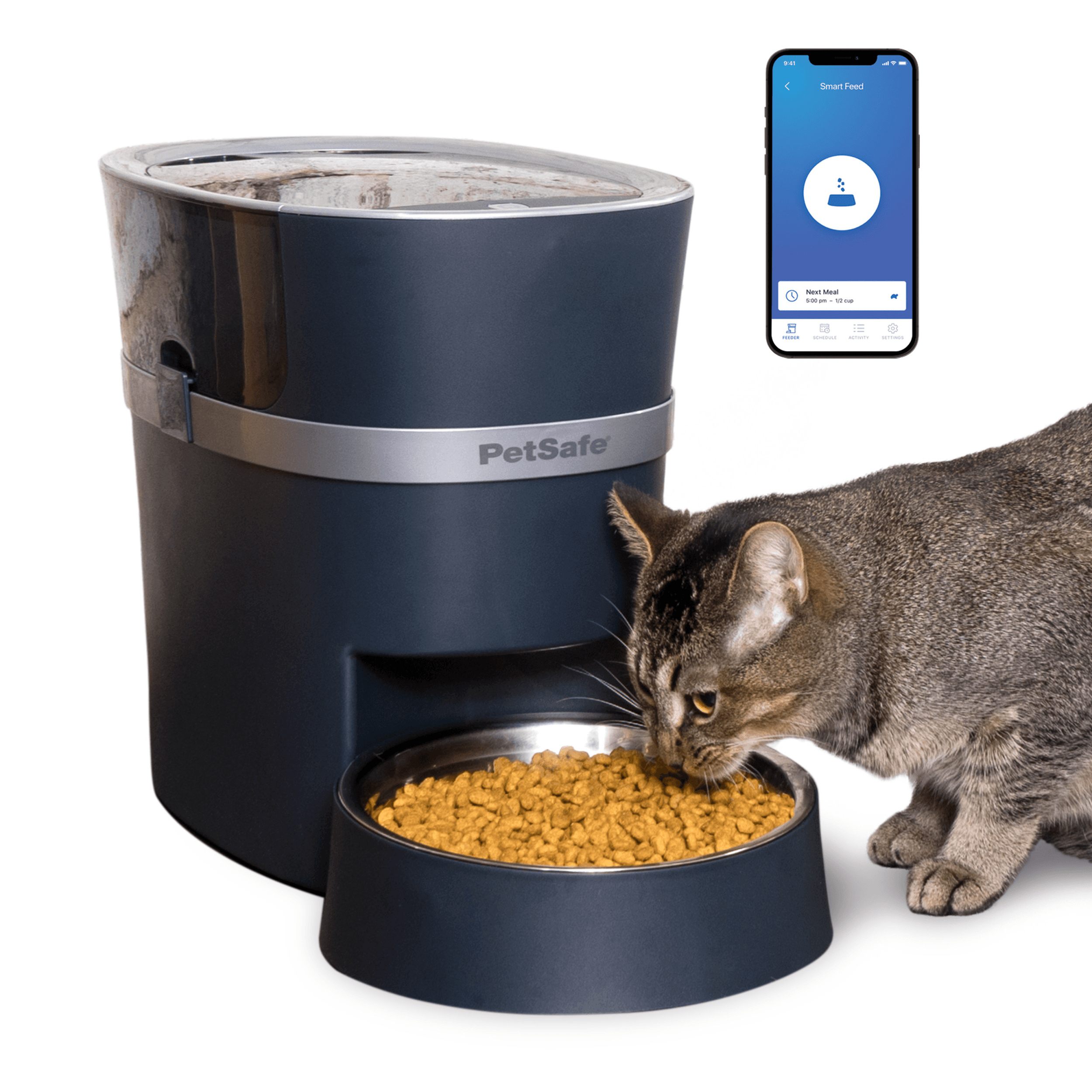 PetSafe Smart Feed second-generation hopper beside a cat and phone app.