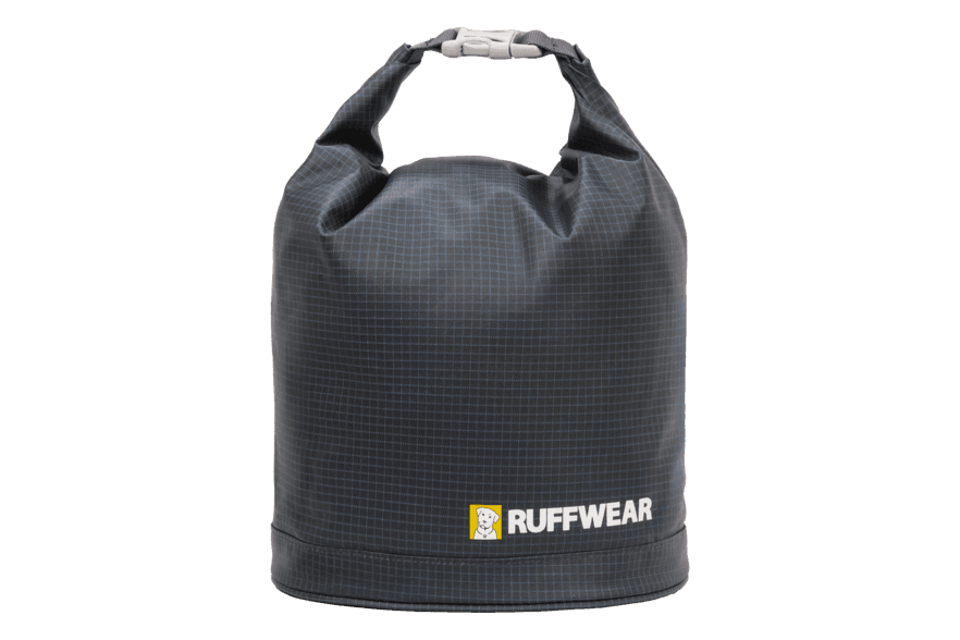 Basalt Gray Ruffwear Kibble Kaddie travel food bag with a roll-down top.