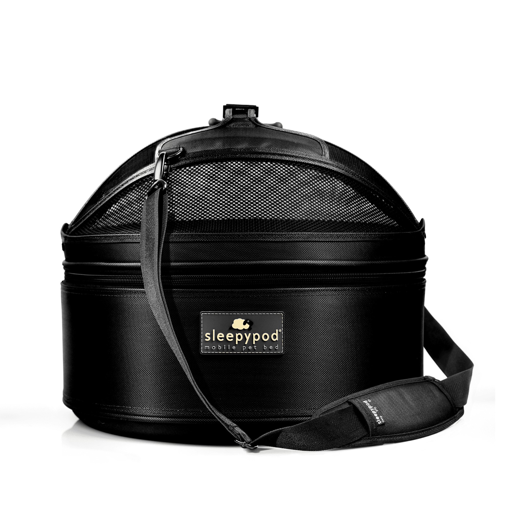 Jet Black Sleepypod Mobile Pet Bed with its mesh carrier dome and shoulder strap.